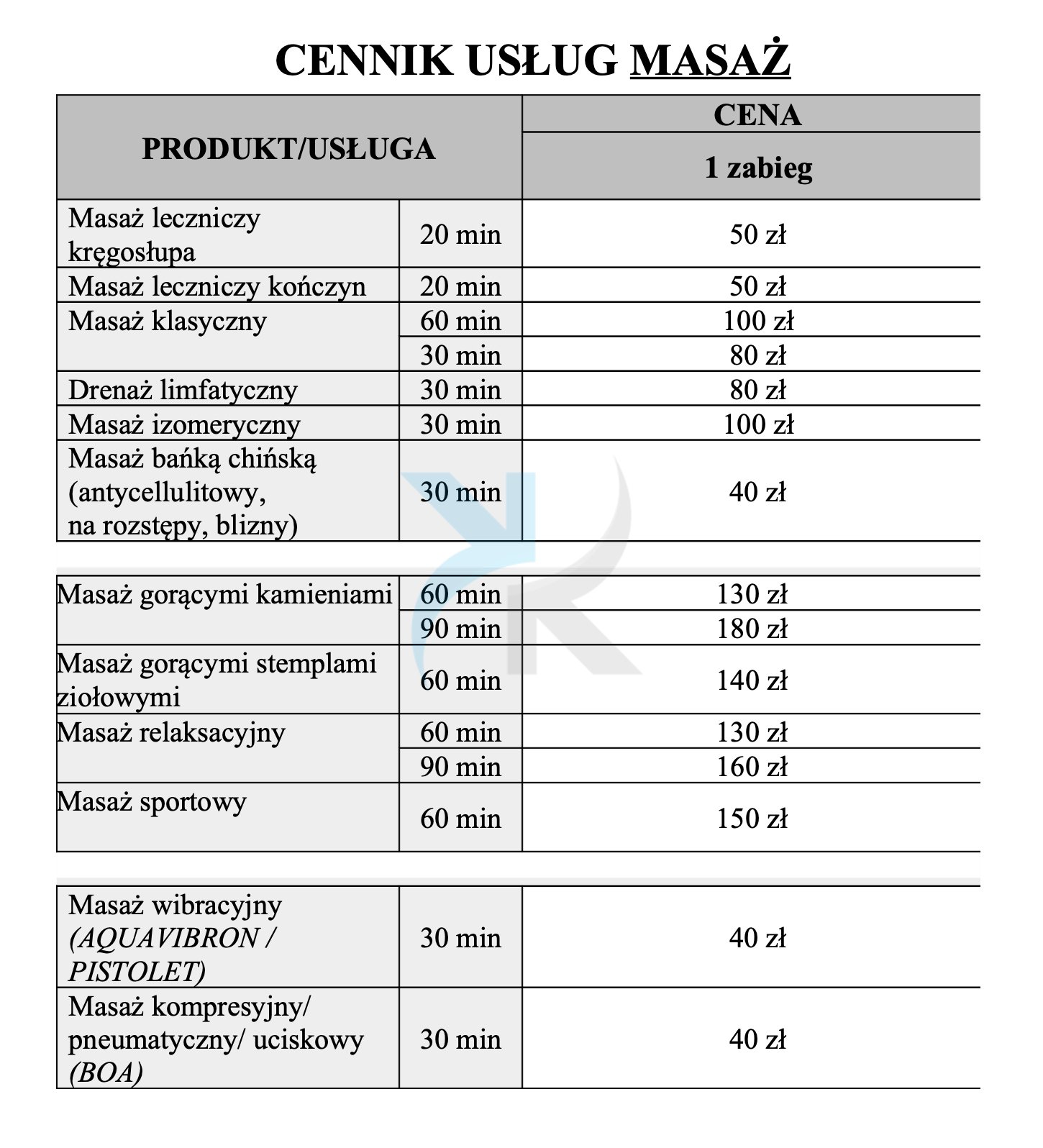 cennik usług masażu